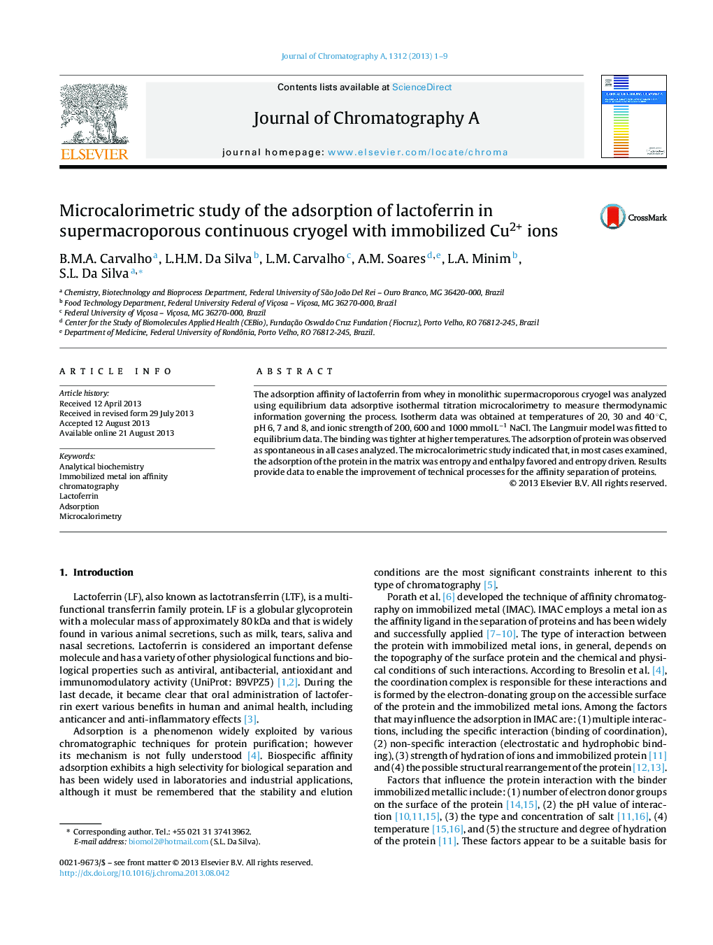 Microcalorimetric study of the adsorption of lactoferrin in supermacroporous continuous cryogel with immobilized Cu2+ ions