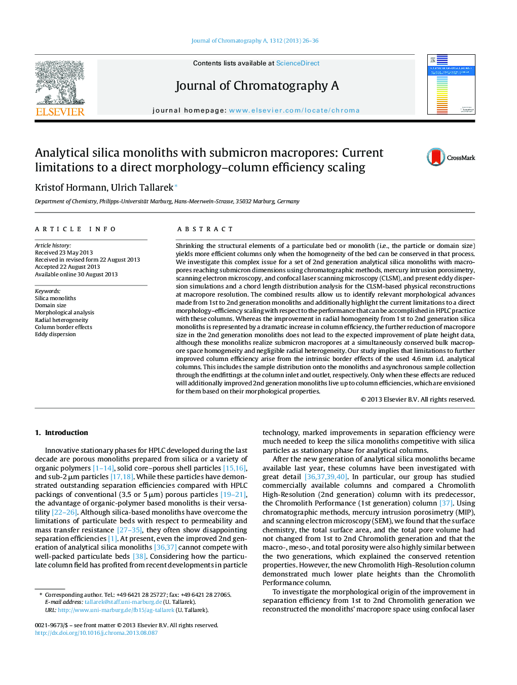 Analytical silica monoliths with submicron macropores: Current limitations to a direct morphology–column efficiency scaling