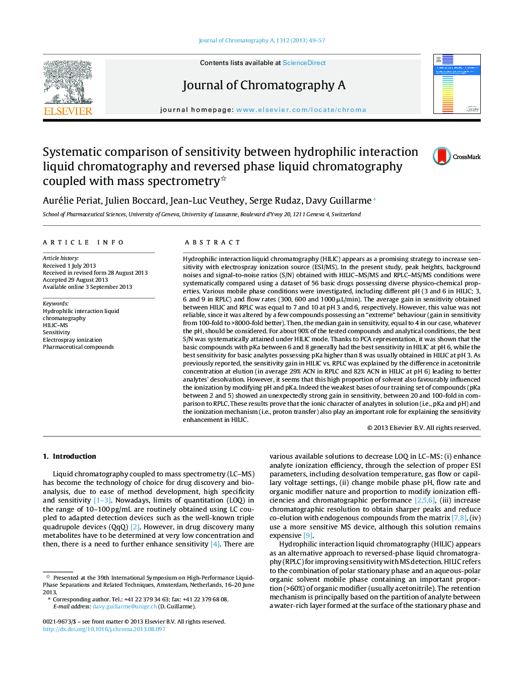 Systematic comparison of sensitivity between hydrophilic interaction liquid chromatography and reversed phase liquid chromatography coupled with mass spectrometry 