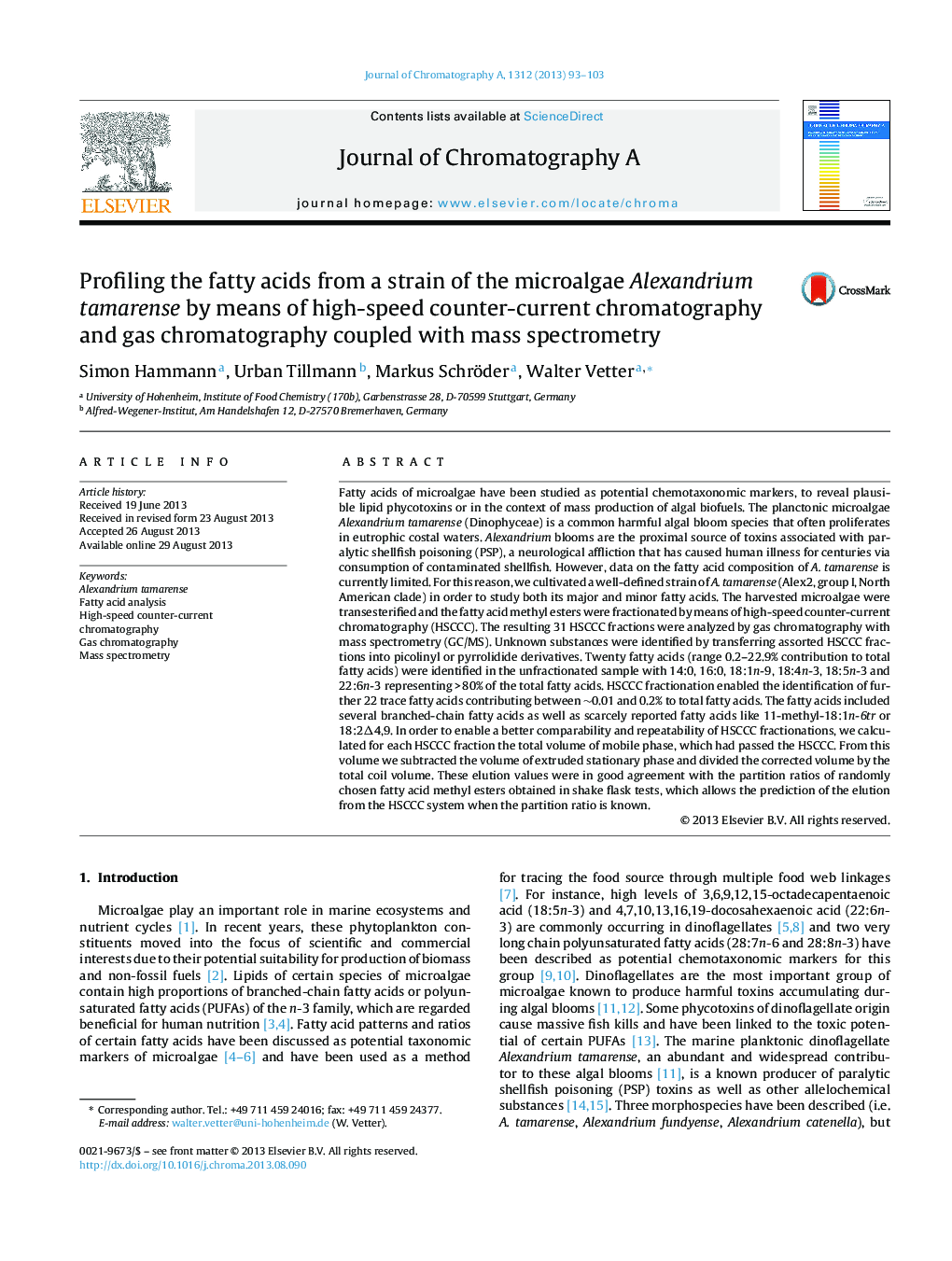 Profiling the fatty acids from a strain of the microalgae Alexandrium tamarense by means of high-speed counter-current chromatography and gas chromatography coupled with mass spectrometry