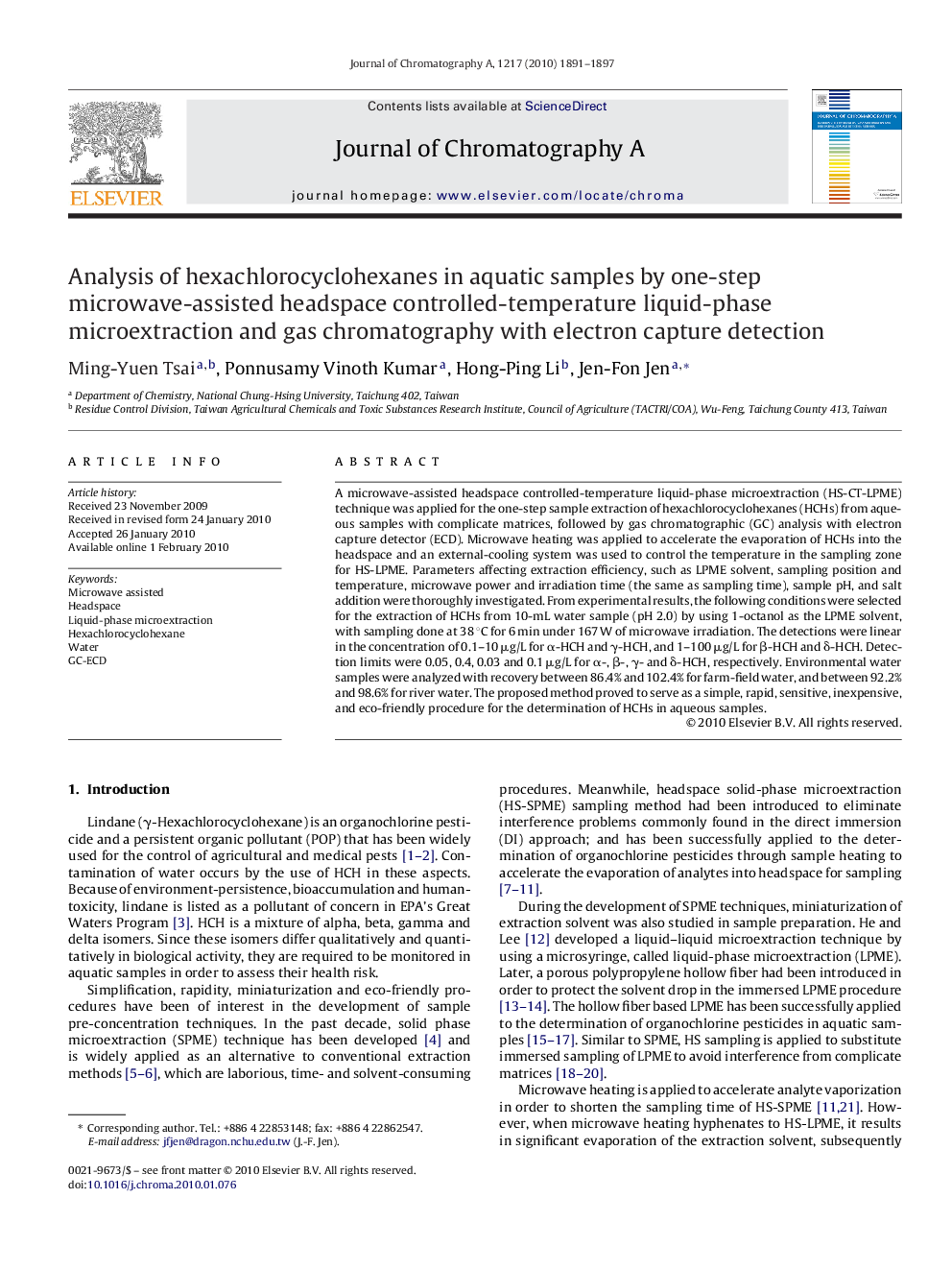 Analysis of hexachlorocyclohexanes in aquatic samples by one-step microwave-assisted headspace controlled-temperature liquid-phase microextraction and gas chromatography with electron capture detection