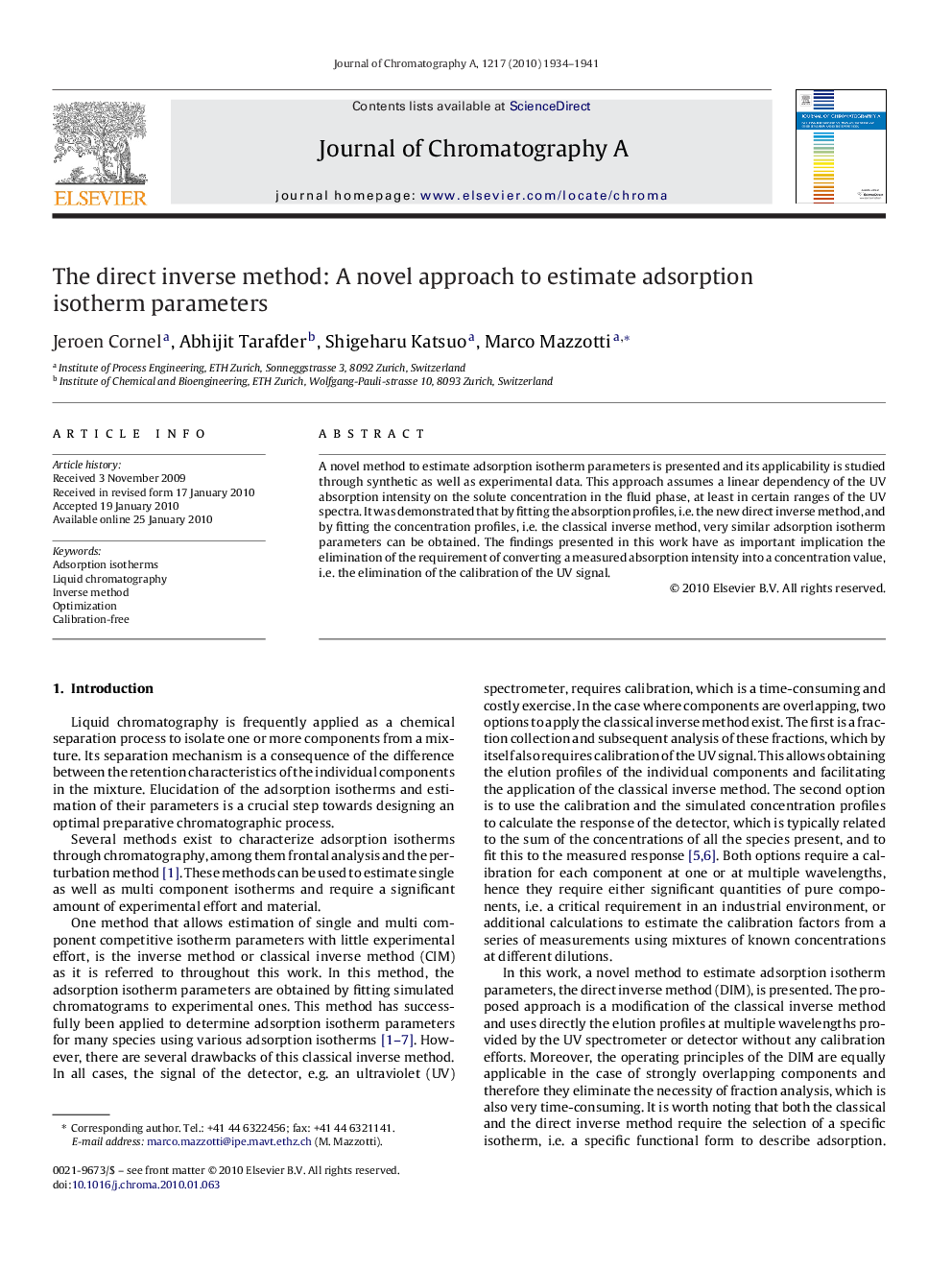 The direct inverse method: A novel approach to estimate adsorption isotherm parameters