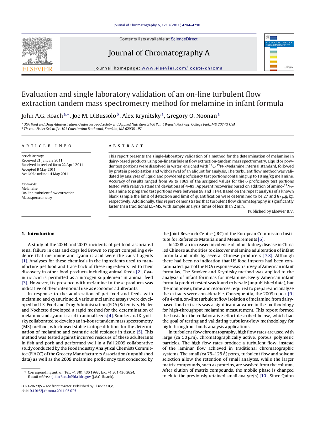 عکس صفحه اول مقاله: Evaluation and single laboratory validation of an on-line turbulent flow extraction tandem mass spectrometry method for melamine in infant formula Evaluation and single laboratory validation of an on-line turbulent flow extraction tandem mass spectrometry method for melamine in infant formula