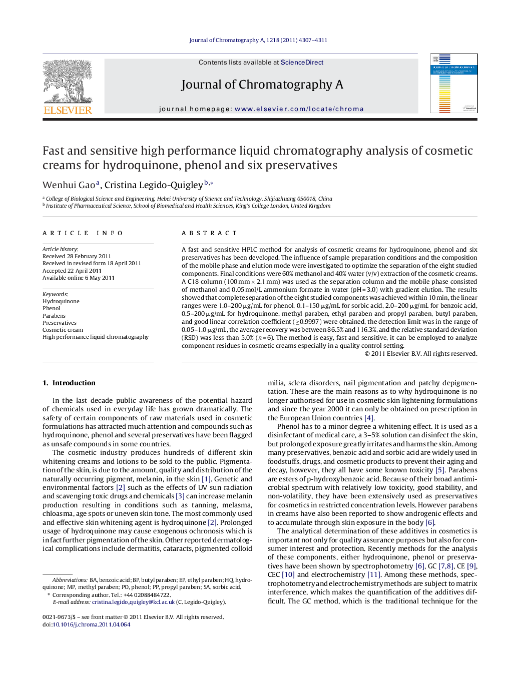 Fast and sensitive high performance liquid chromatography analysis of cosmetic creams for hydroquinone, phenol and six preservatives