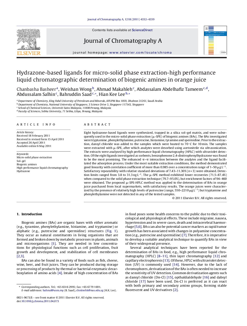 Hydrazone-based ligands for micro-solid phase extraction-high performance liquid chromatographic determination of biogenic amines in orange juice