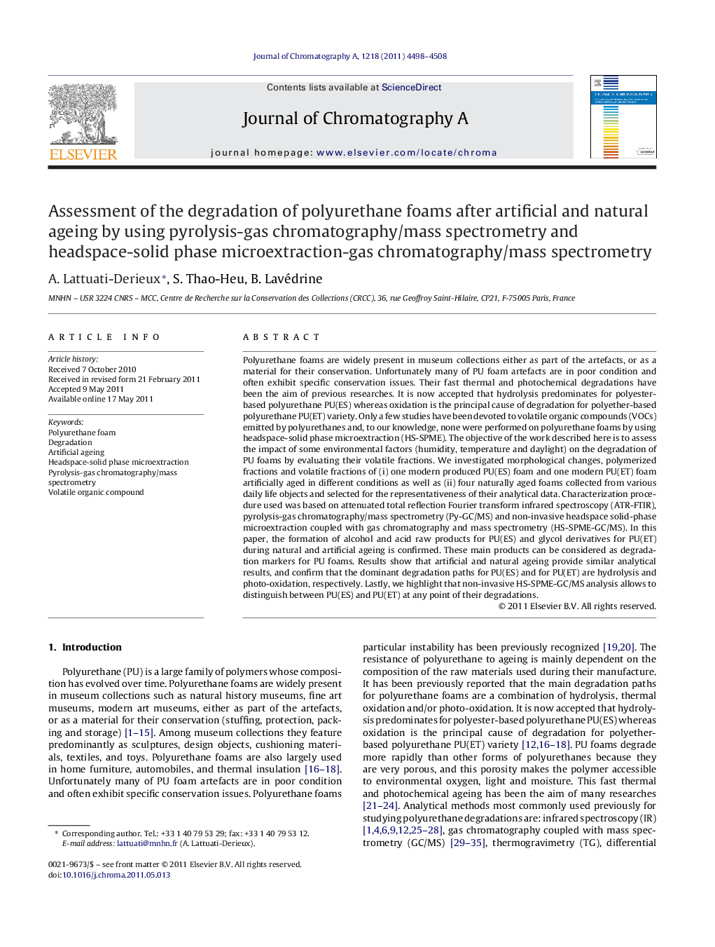 Assessment of the degradation of polyurethane foams after artificial and natural ageing by using pyrolysis-gas chromatography/mass spectrometry and headspace-solid phase microextraction-gas chromatography/mass spectrometry