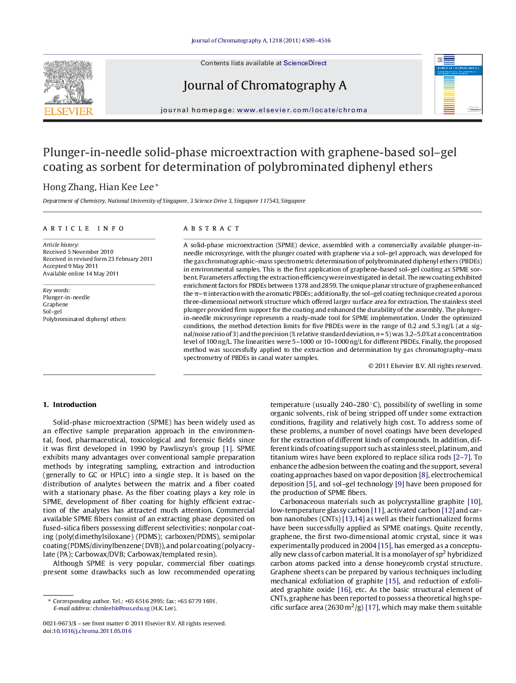 Plunger-in-needle solid-phase microextraction with graphene-based sol–gel coating as sorbent for determination of polybrominated diphenyl ethers