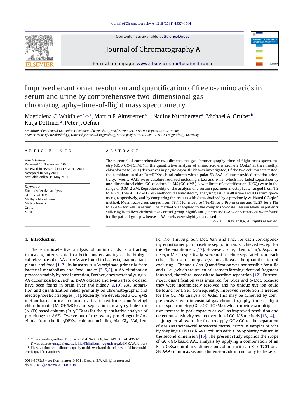 Improved enantiomer resolution and quantification of free d-amino acids in serum and urine by comprehensive two-dimensional gas chromatography–time-of-flight mass spectrometry