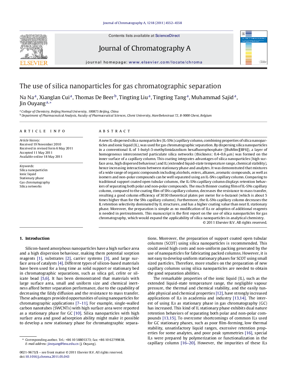 The use of silica nanoparticles for gas chromatographic separation