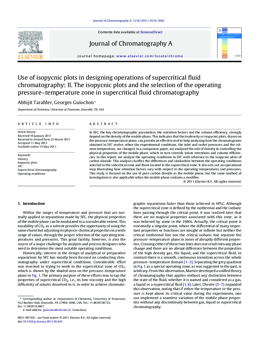 Use of isopycnic plots in designing operations of supercritical fluid chromatography: II. The isopycnic plots and the selection of the operating pressure–temperature zone in supercritical fluid chromatography