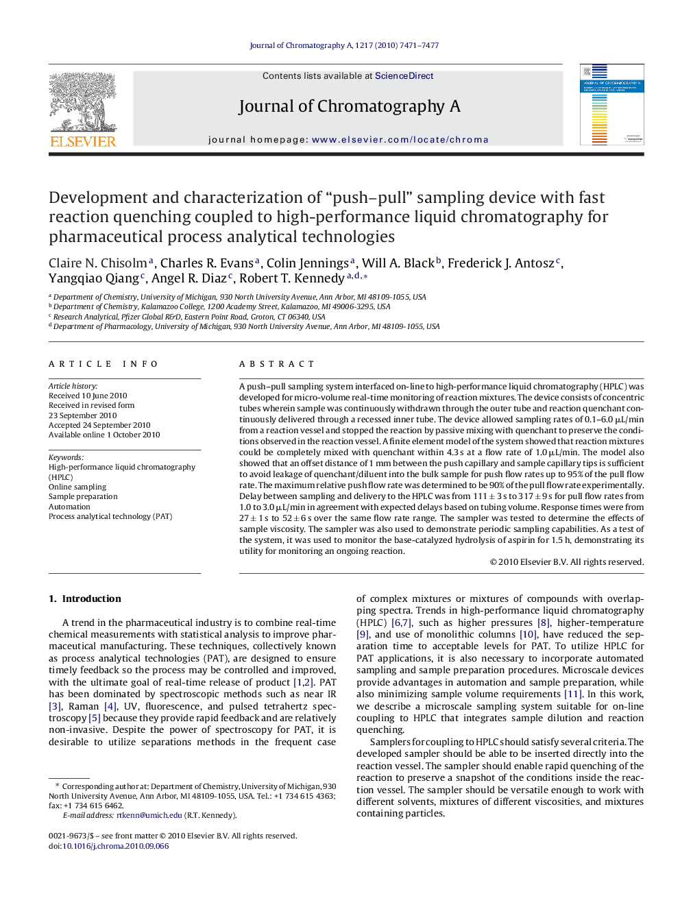 Development and characterization of “push–pull” sampling device with fast reaction quenching coupled to high-performance liquid chromatography for pharmaceutical process analytical technologies