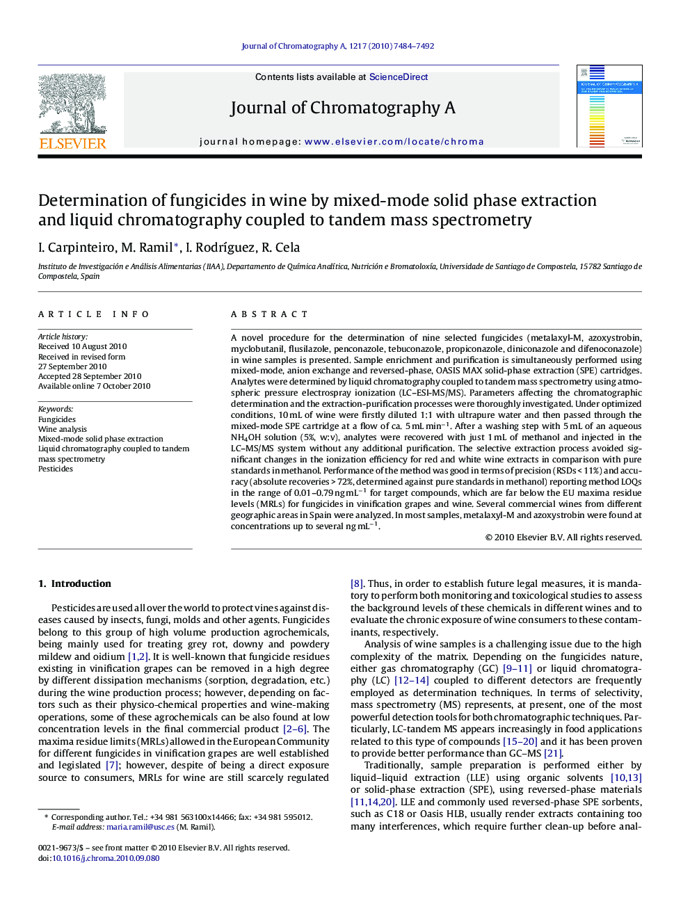 Determination of fungicides in wine by mixed-mode solid phase extraction and liquid chromatography coupled to tandem mass spectrometry