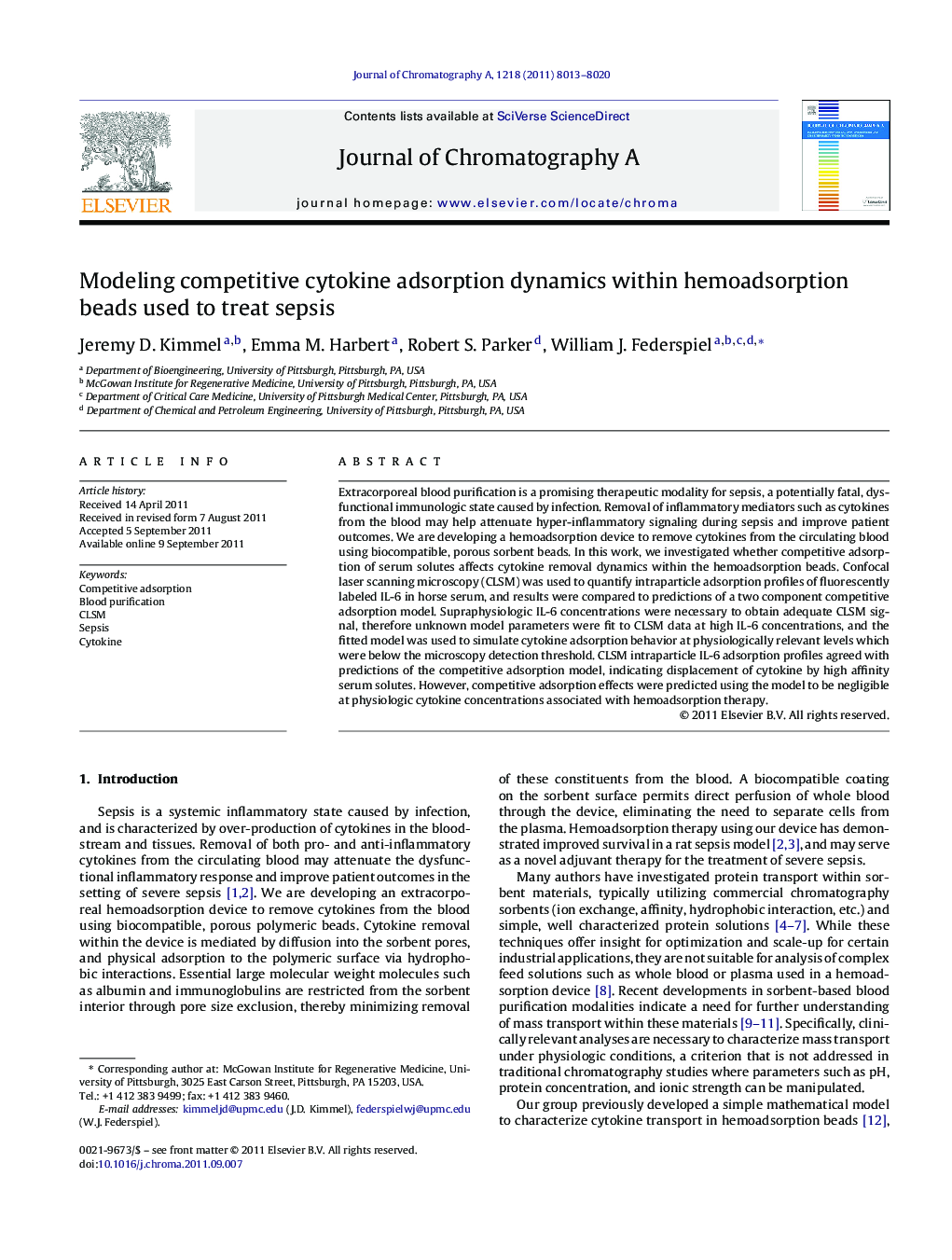 Modeling competitive cytokine adsorption dynamics within hemoadsorption beads used to treat sepsis