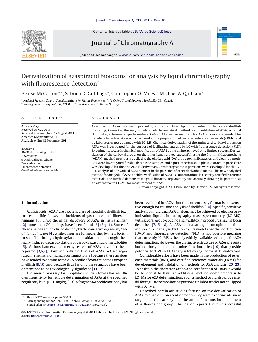 Derivatization of azaspiracid biotoxins for analysis by liquid chromatography with fluorescence detection 