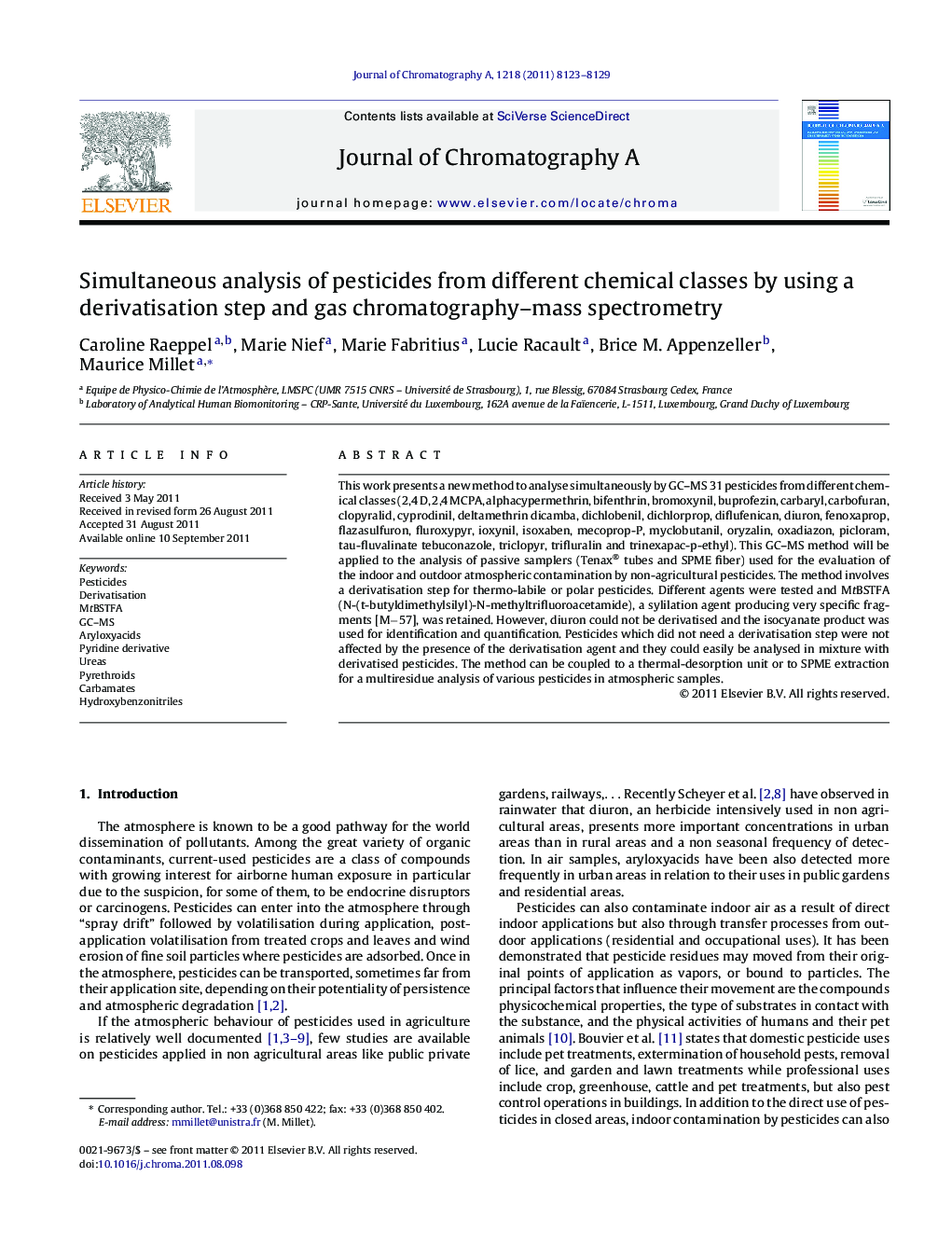 Simultaneous analysis of pesticides from different chemical classes by using a derivatisation step and gas chromatography–mass spectrometry