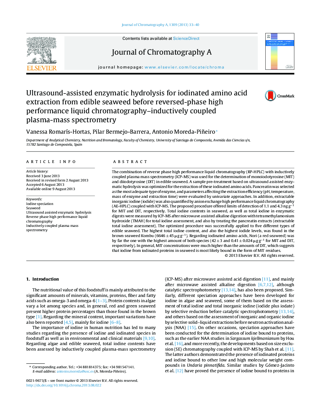 Ultrasound-assisted enzymatic hydrolysis for iodinated amino acid extraction from edible seaweed before reversed-phase high performance liquid chromatography–inductively coupled plasma-mass spectrometry