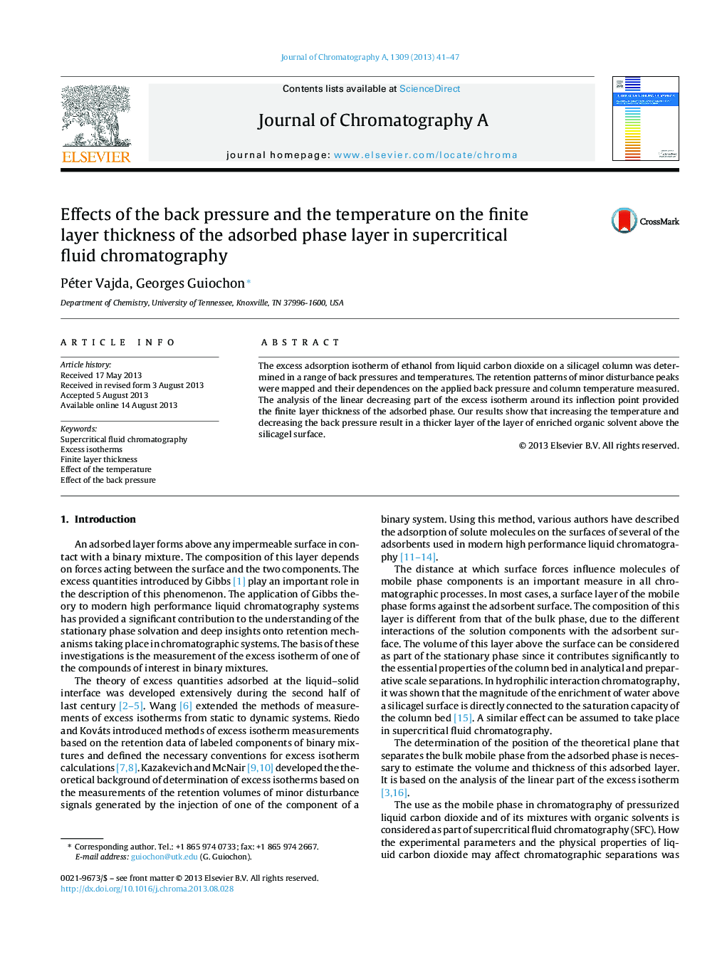 Effects of the back pressure and the temperature on the finite layer thickness of the adsorbed phase layer in supercritical fluid chromatography