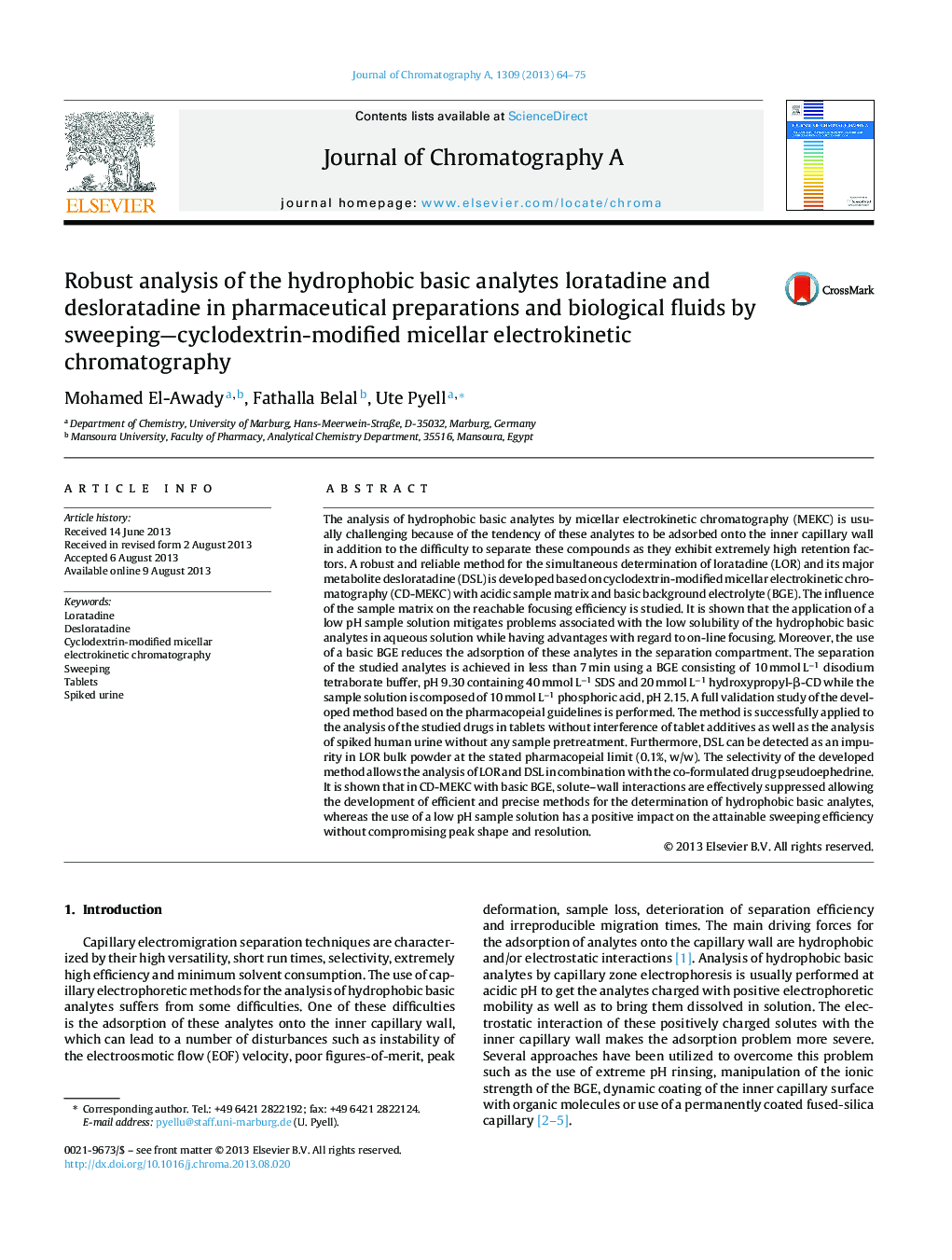 Robust analysis of the hydrophobic basic analytes loratadine and desloratadine in pharmaceutical preparations and biological fluids by sweeping—cyclodextrin-modified micellar electrokinetic chromatography