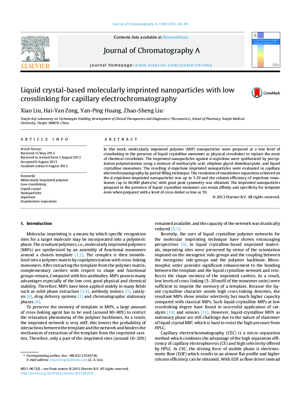 Liquid crystal-based molecularly imprinted nanoparticles with low crosslinking for capillary electrochromatography