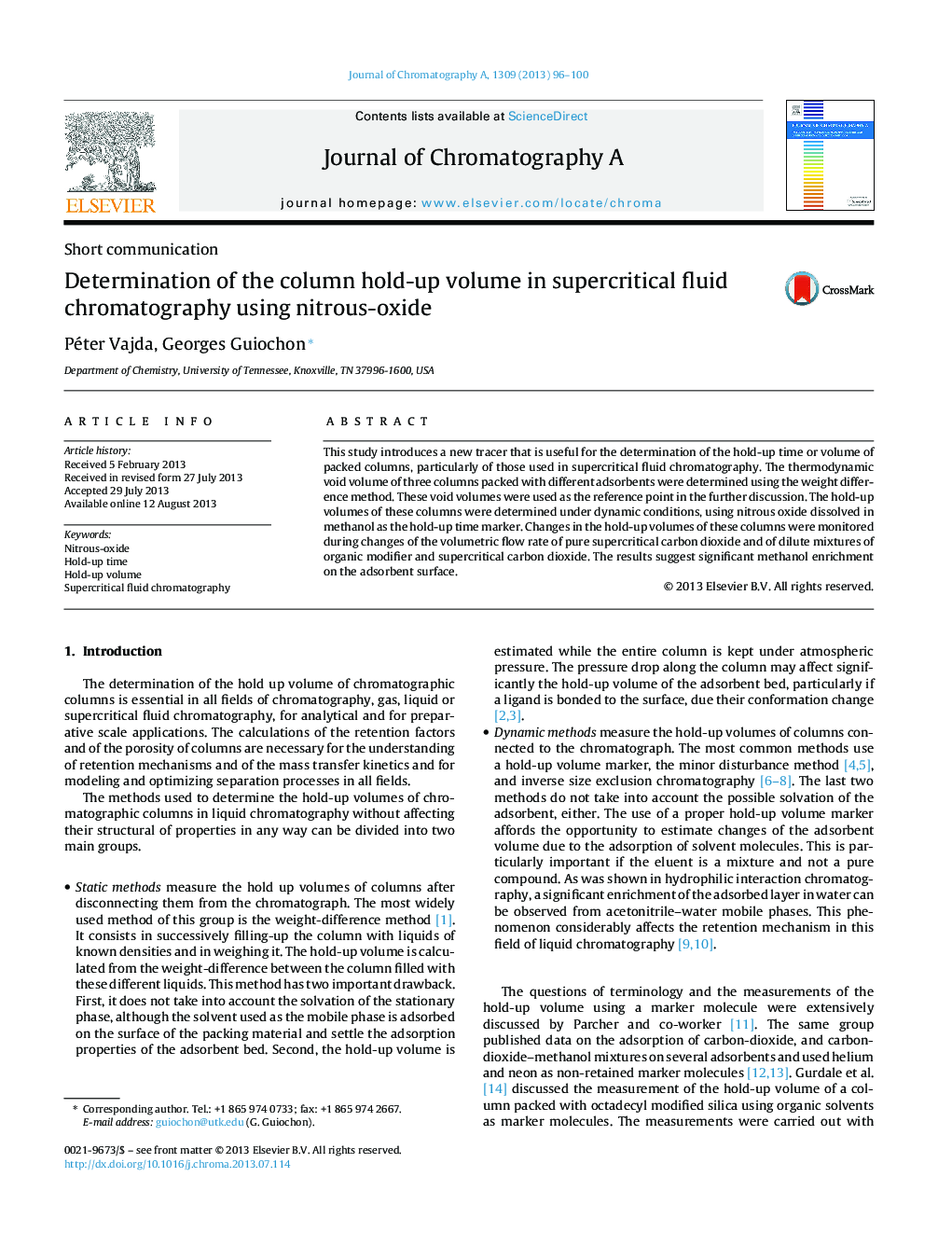 Determination of the column hold-up volume in supercritical fluid chromatography using nitrous-oxide