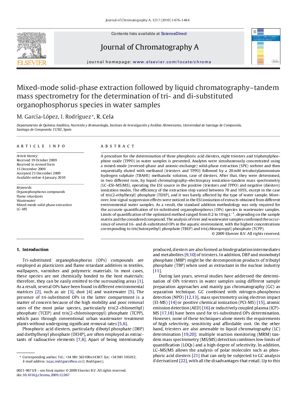 Mixed-mode solid-phase extraction followed by liquid chromatography–tandem mass spectrometry for the determination of tri- and di-substituted organophosphorus species in water samples