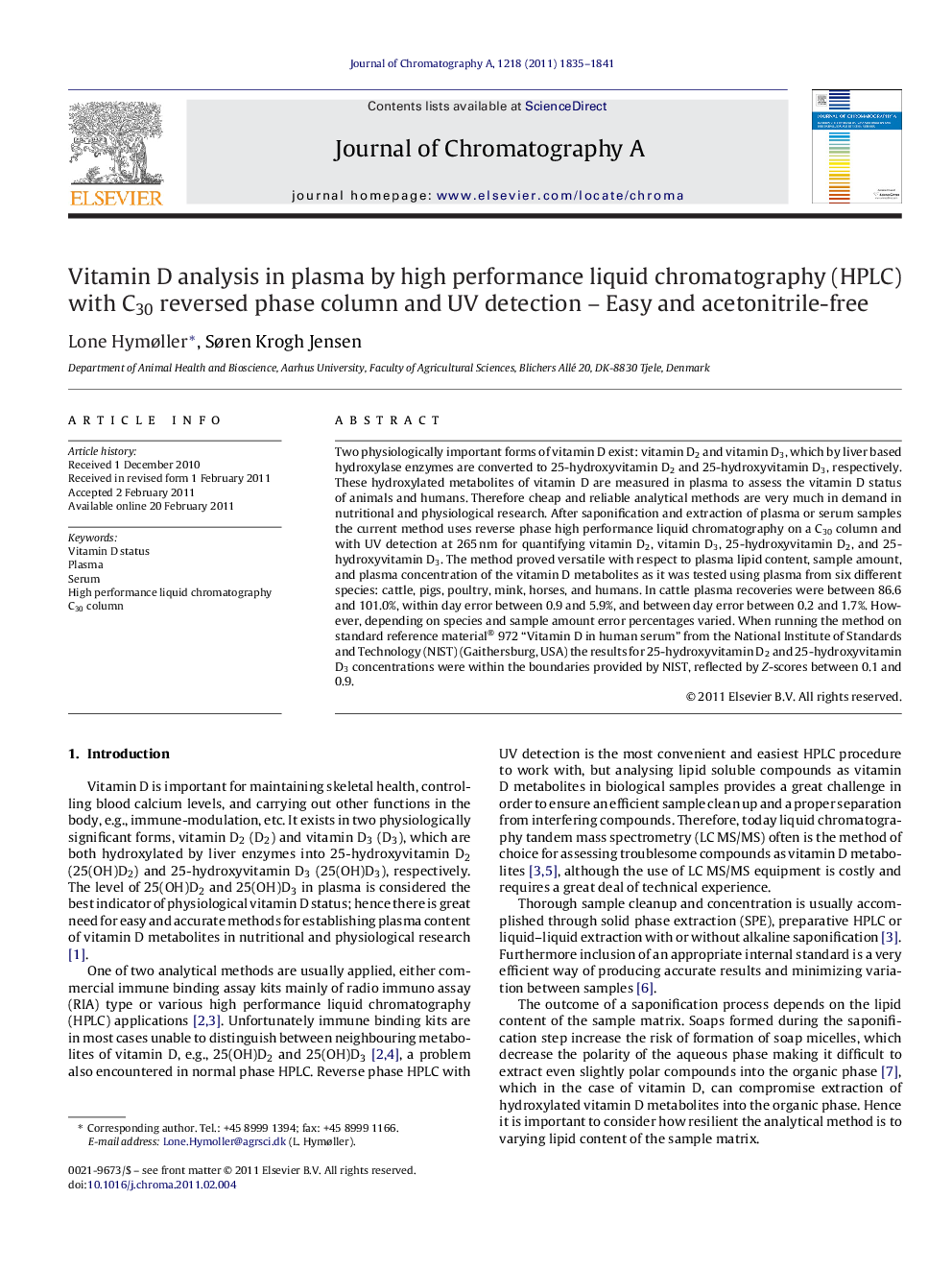 Vitamin D analysis in plasma by high performance liquid chromatography (HPLC) with C30 reversed phase column and UV detection – Easy and acetonitrile-free