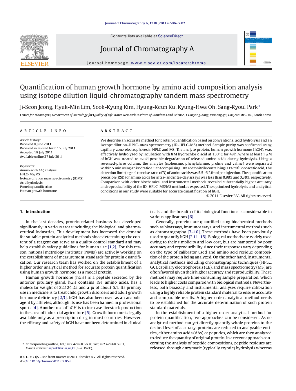 Quantification of human growth hormone by amino acid composition analysis using isotope dilution liquid-chromatography tandem mass spectrometry