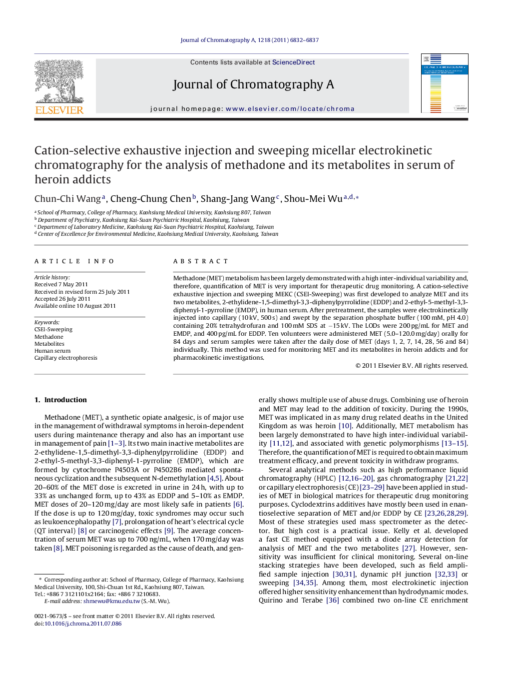 Cation-selective exhaustive injection and sweeping micellar electrokinetic chromatography for the analysis of methadone and its metabolites in serum of heroin addicts