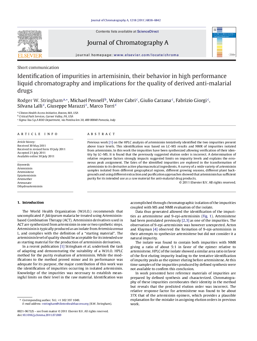 Identification of impurities in artemisinin, their behavior in high performance liquid chromatography and implications for the quality of derived anti-malarial drugs