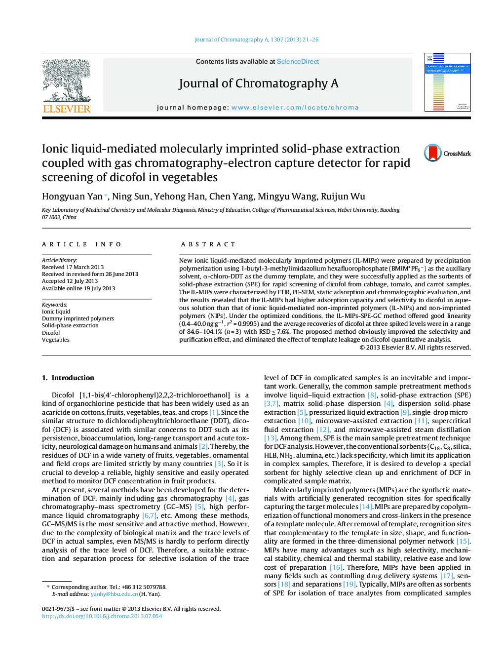 Ionic liquid-mediated molecularly imprinted solid-phase extraction coupled with gas chromatography-electron capture detector for rapid screening of dicofol in vegetables