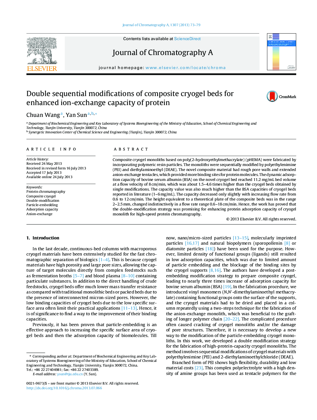 Double sequential modifications of composite cryogel beds for enhanced ion-exchange capacity of protein