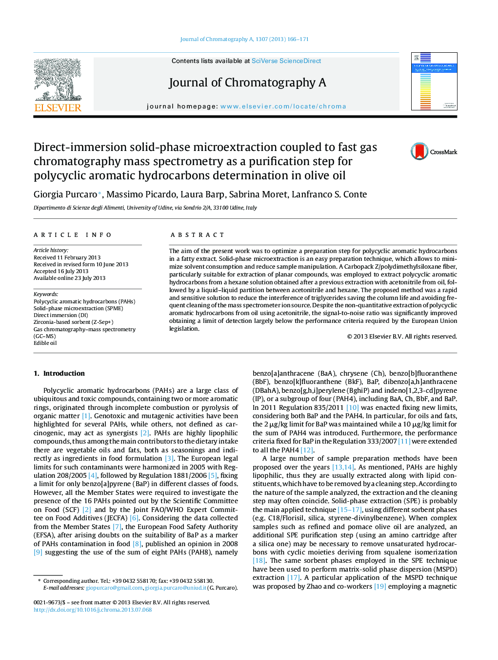 Direct-immersion solid-phase microextraction coupled to fast gas chromatography mass spectrometry as a purification step for polycyclic aromatic hydrocarbons determination in olive oil