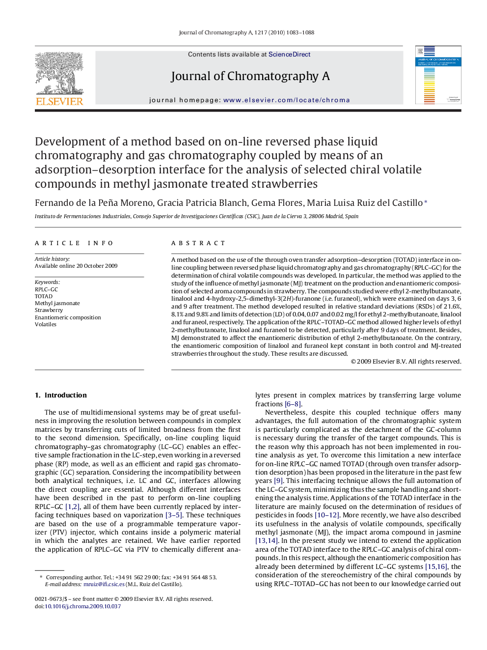 Development of a method based on on-line reversed phase liquid chromatography and gas chromatography coupled by means of an adsorption–desorption interface for the analysis of selected chiral volatile compounds in methyl jasmonate treated strawberries