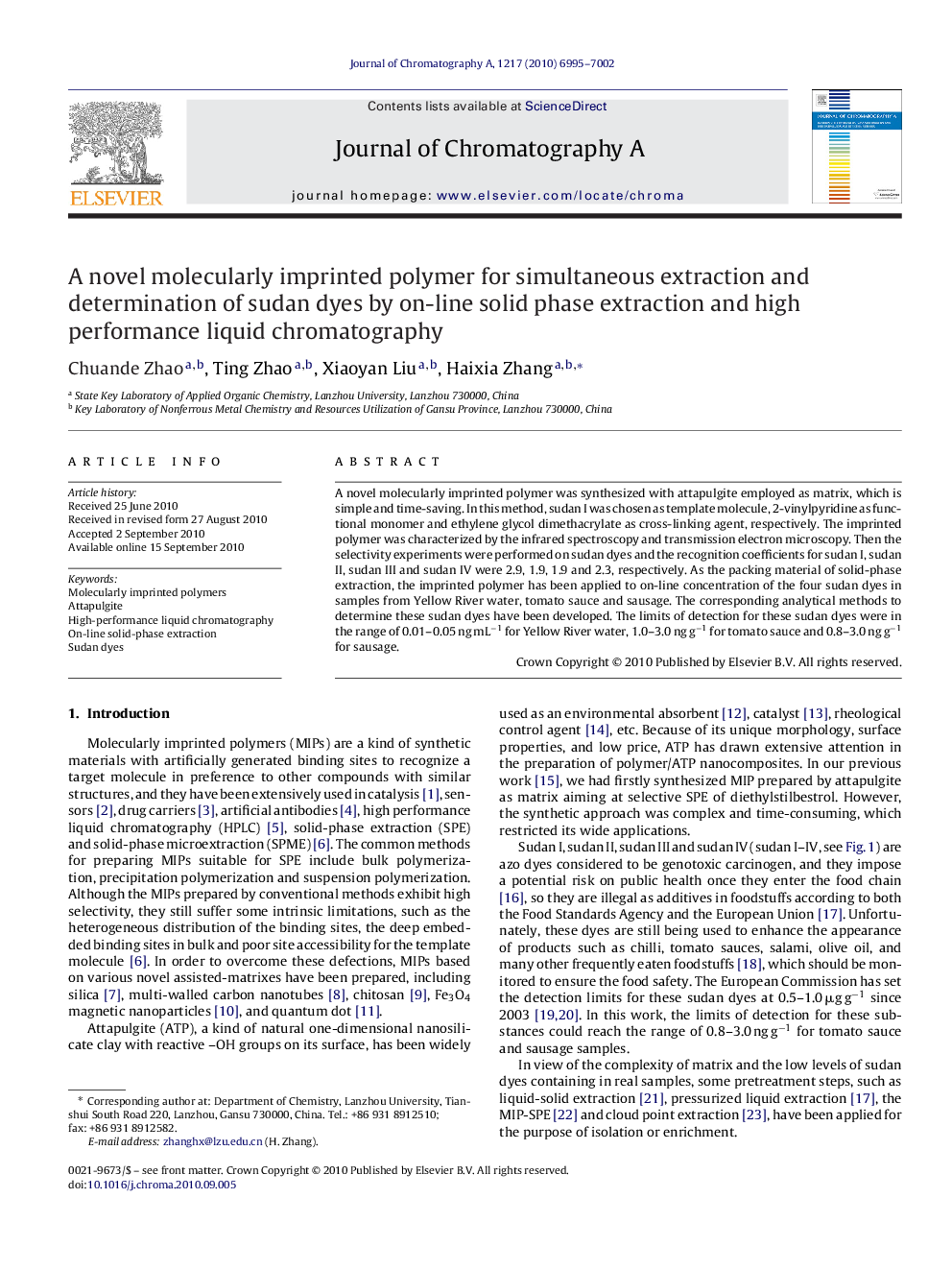 A novel molecularly imprinted polymer for simultaneous extraction and determination of sudan dyes by on-line solid phase extraction and high performance liquid chromatography