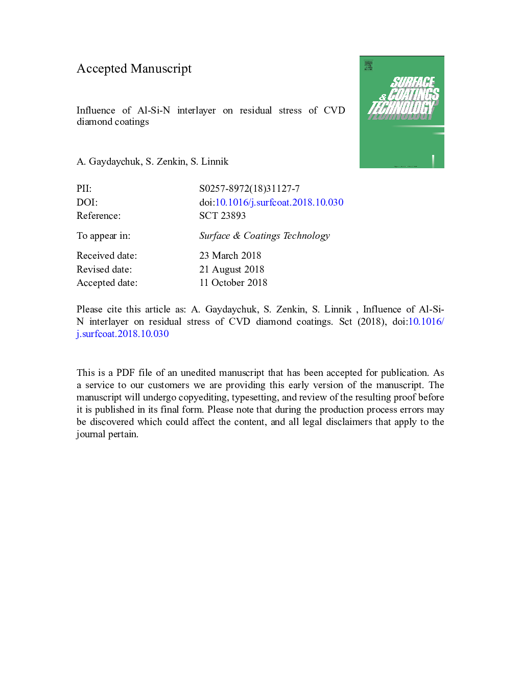 Influence of Al-Si-N interlayer on residual stress of CVD diamond coatings