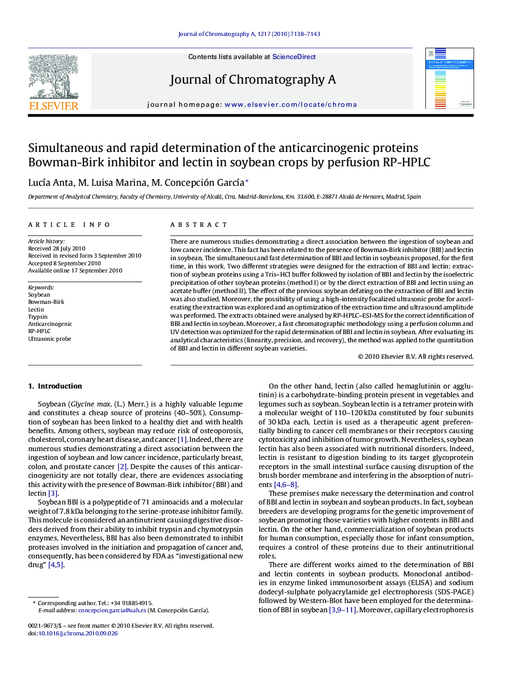 Simultaneous and rapid determination of the anticarcinogenic proteins Bowman-Birk inhibitor and lectin in soybean crops by perfusion RP-HPLC