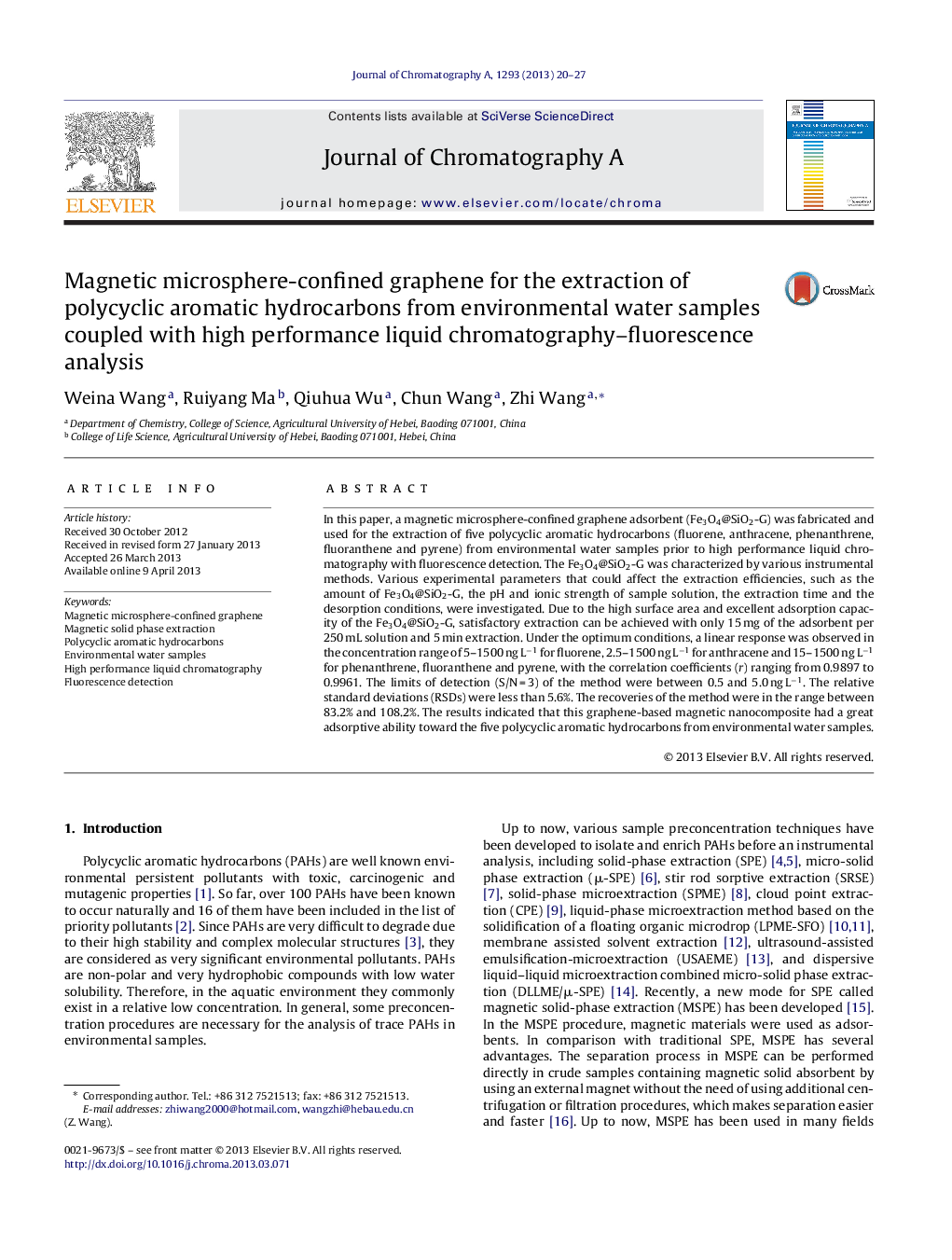 Magnetic microsphere-confined graphene for the extraction of polycyclic aromatic hydrocarbons from environmental water samples coupled with high performance liquid chromatography–fluorescence analysis