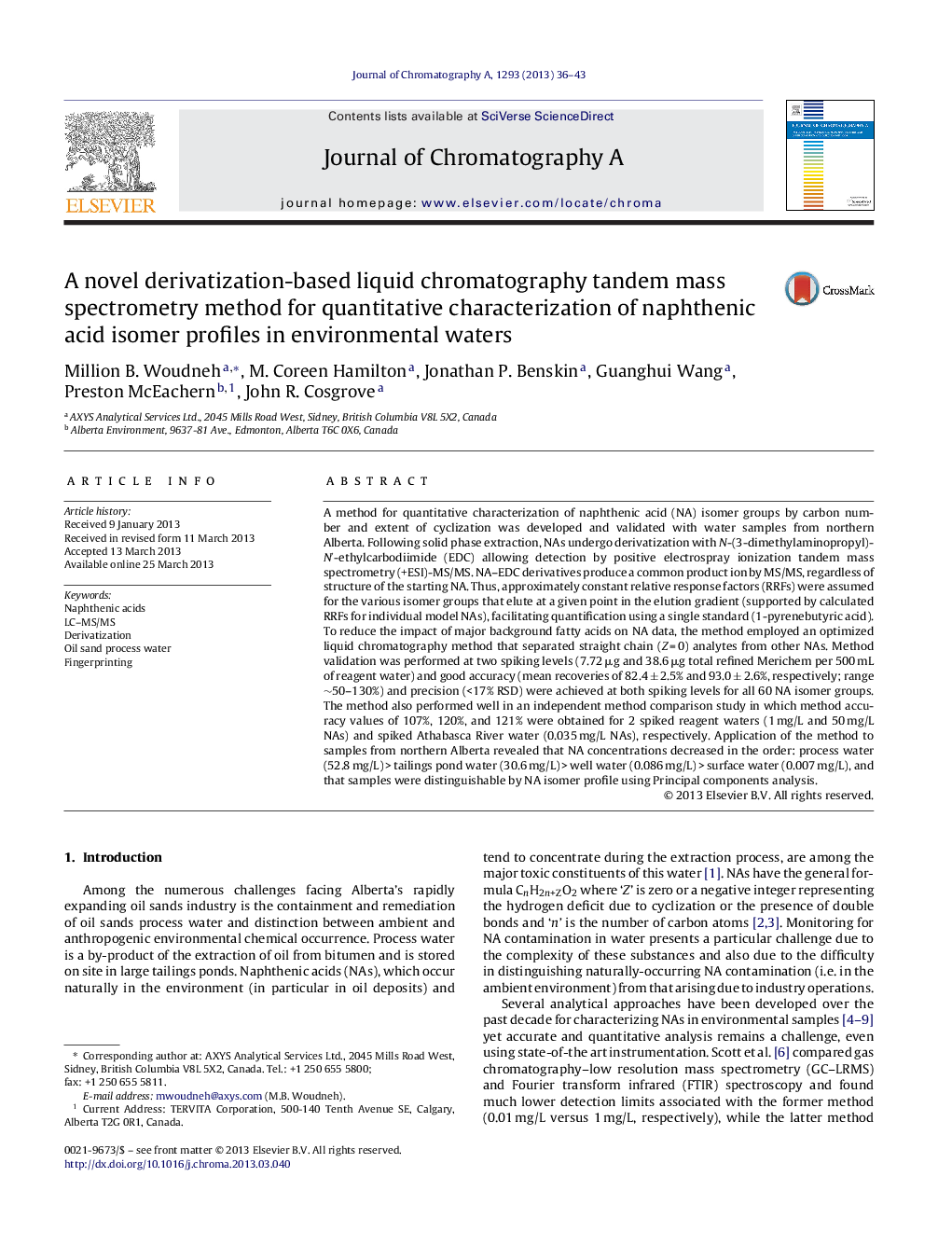 A novel derivatization-based liquid chromatography tandem mass spectrometry method for quantitative characterization of naphthenic acid isomer profiles in environmental waters