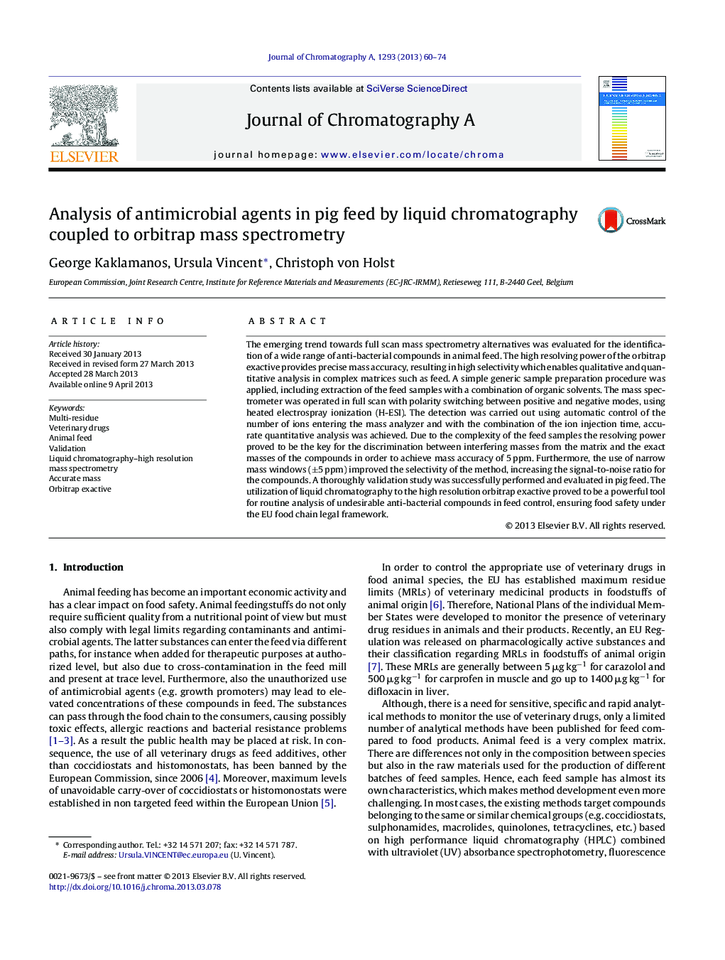 Analysis of antimicrobial agents in pig feed by liquid chromatography coupled to orbitrap mass spectrometry