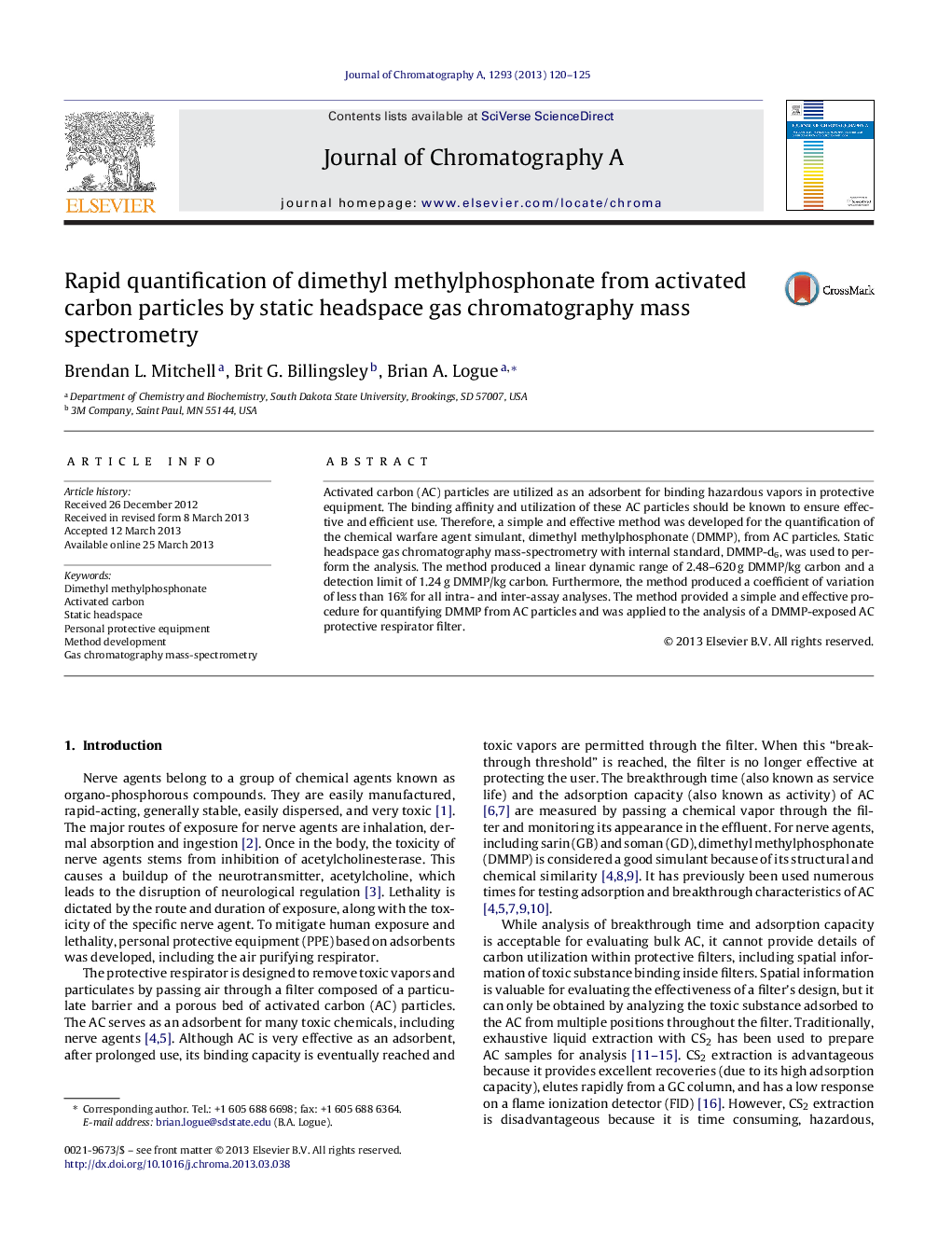 Rapid quantification of dimethyl methylphosphonate from activated carbon particles by static headspace gas chromatography mass spectrometry