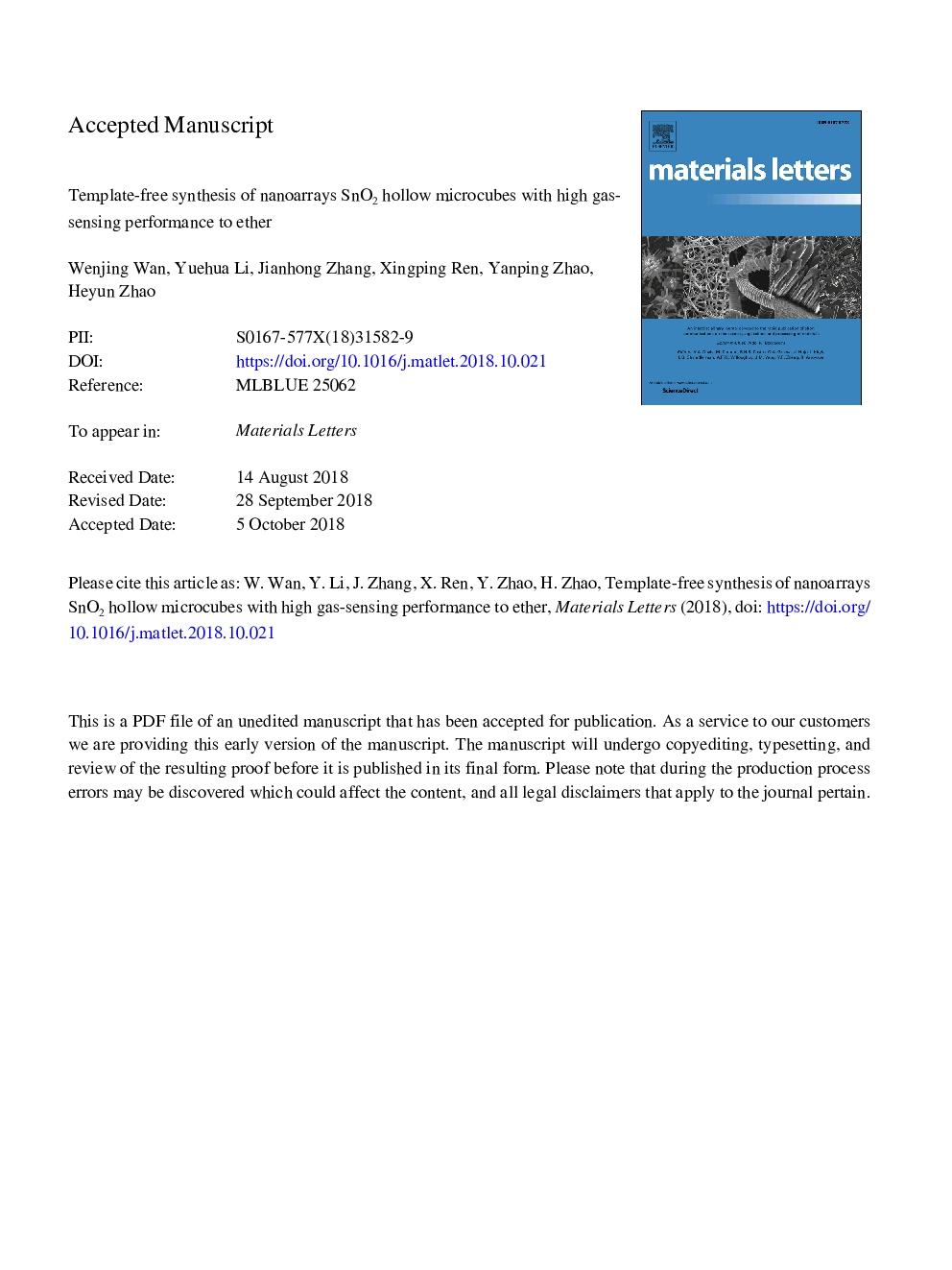 Template-free synthesis of nanoarrays SnO2 hollow microcubes with high gas-sensing performance to ether