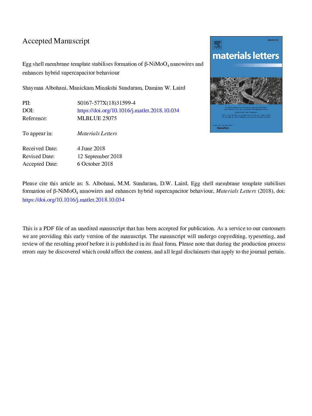 Egg shell membrane template stabilises formation of Î²-NiMoO4 nanowires and enhances hybrid supercapacitor behaviour