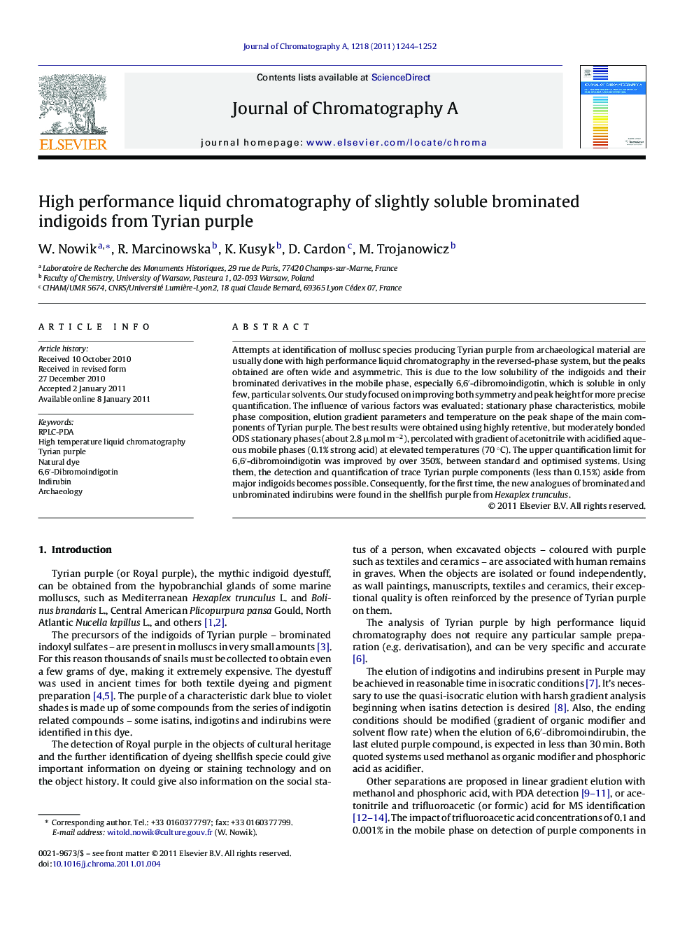 High performance liquid chromatography of slightly soluble brominated indigoids from Tyrian purple