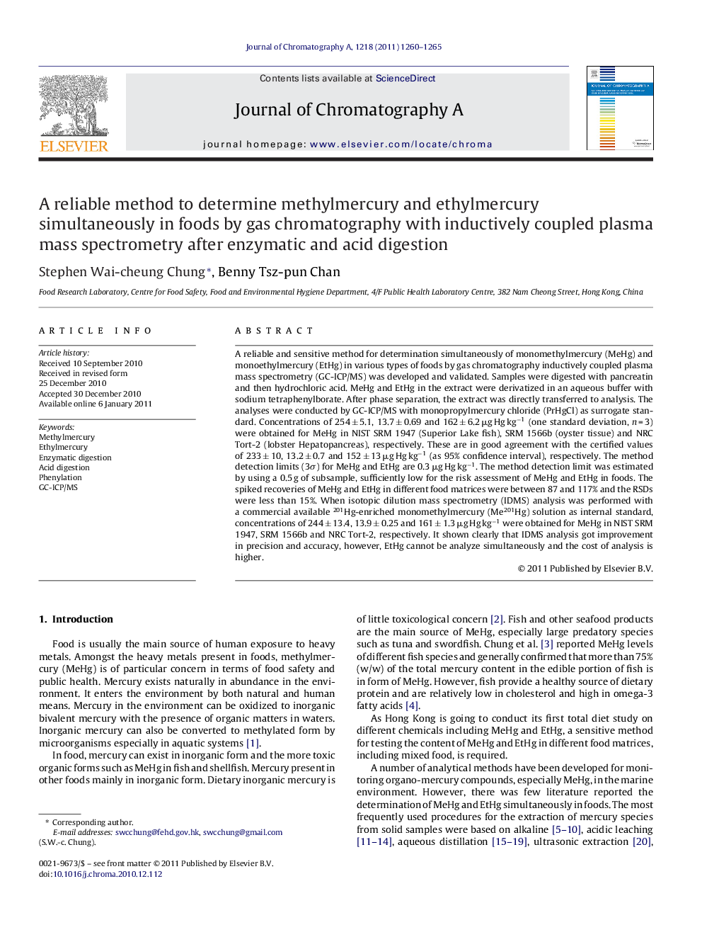 A reliable method to determine methylmercury and ethylmercury simultaneously in foods by gas chromatography with inductively coupled plasma mass spectrometry after enzymatic and acid digestion