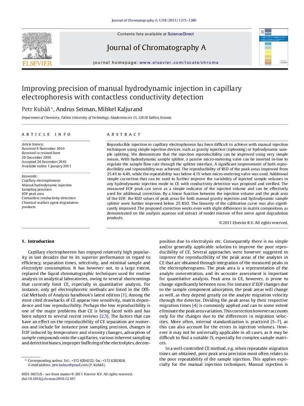 Improving precision of manual hydrodynamic injection in capillary electrophoresis with contactless conductivity detection