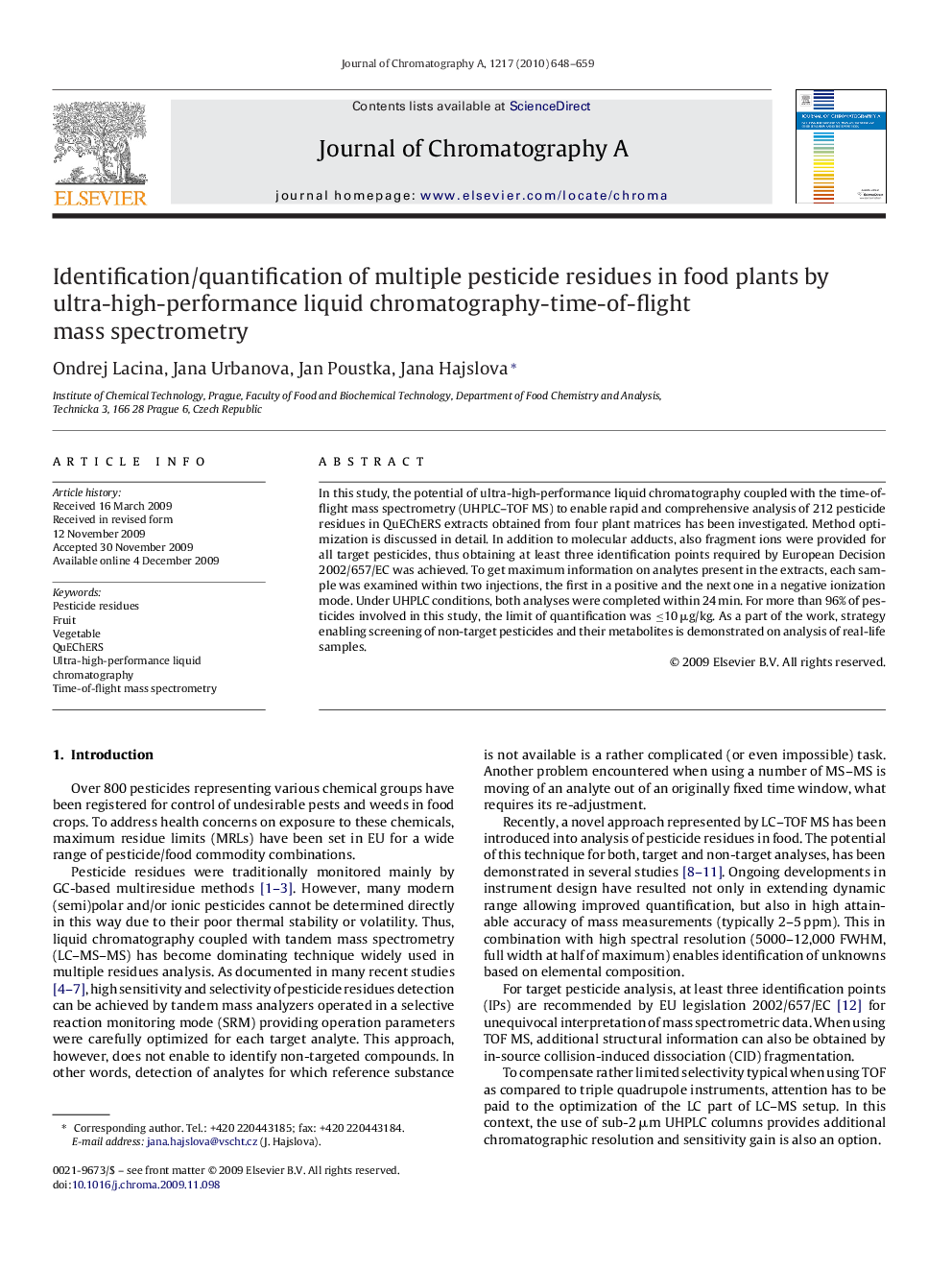 Identification/quantification of multiple pesticide residues in food plants by ultra-high-performance liquid chromatography-time-of-flight mass spectrometry