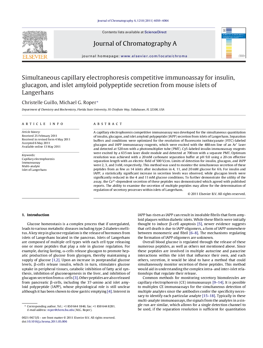 Simultaneous capillary electrophoresis competitive immunoassay for insulin, glucagon, and islet amyloid polypeptide secretion from mouse islets of Langerhans