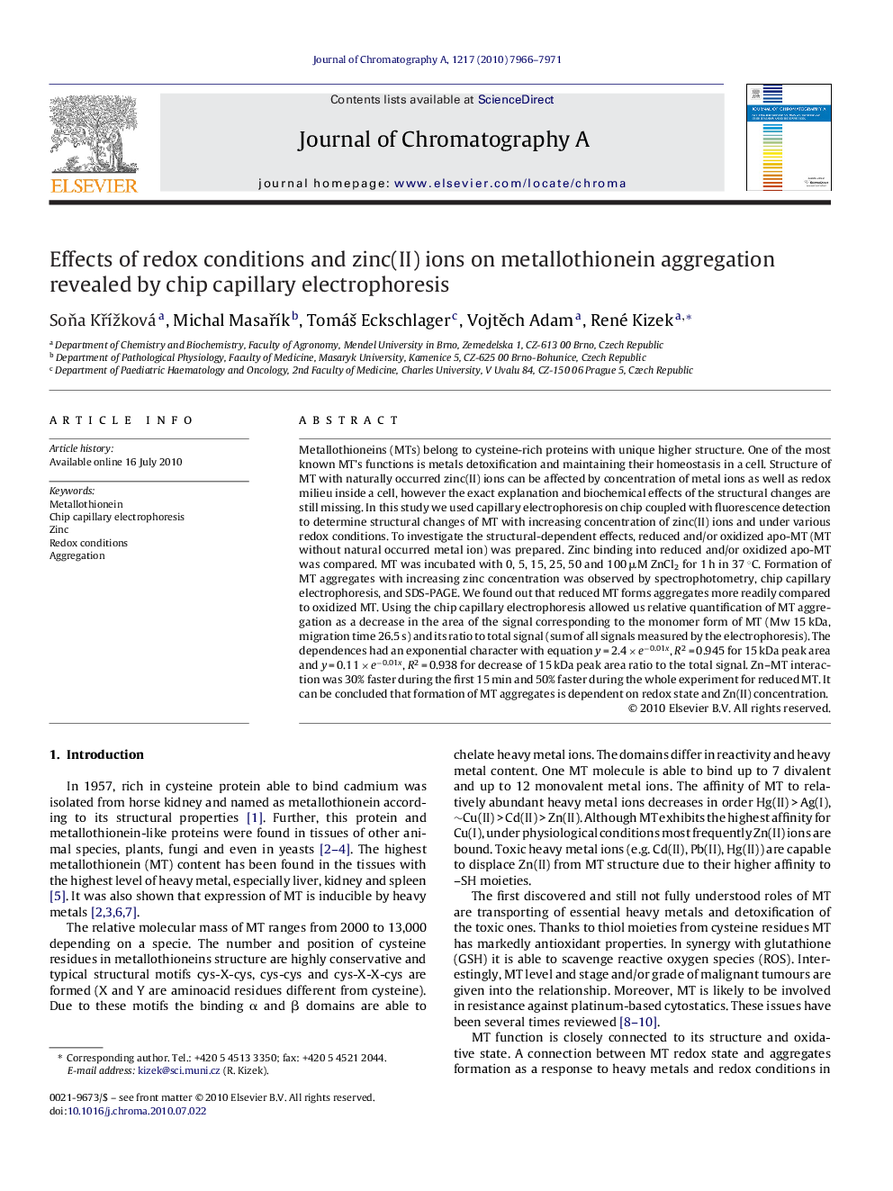 Effects of redox conditions and zinc(II) ions on metallothionein aggregation revealed by chip capillary electrophoresis