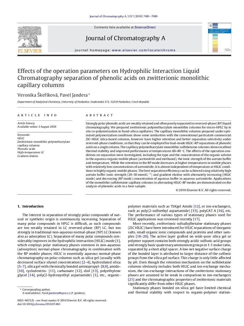 Effects of the operation parameters on Hydrophilic Interaction Liquid Chromatography separation of phenolic acids on zwitterionic monolithic capillary columns