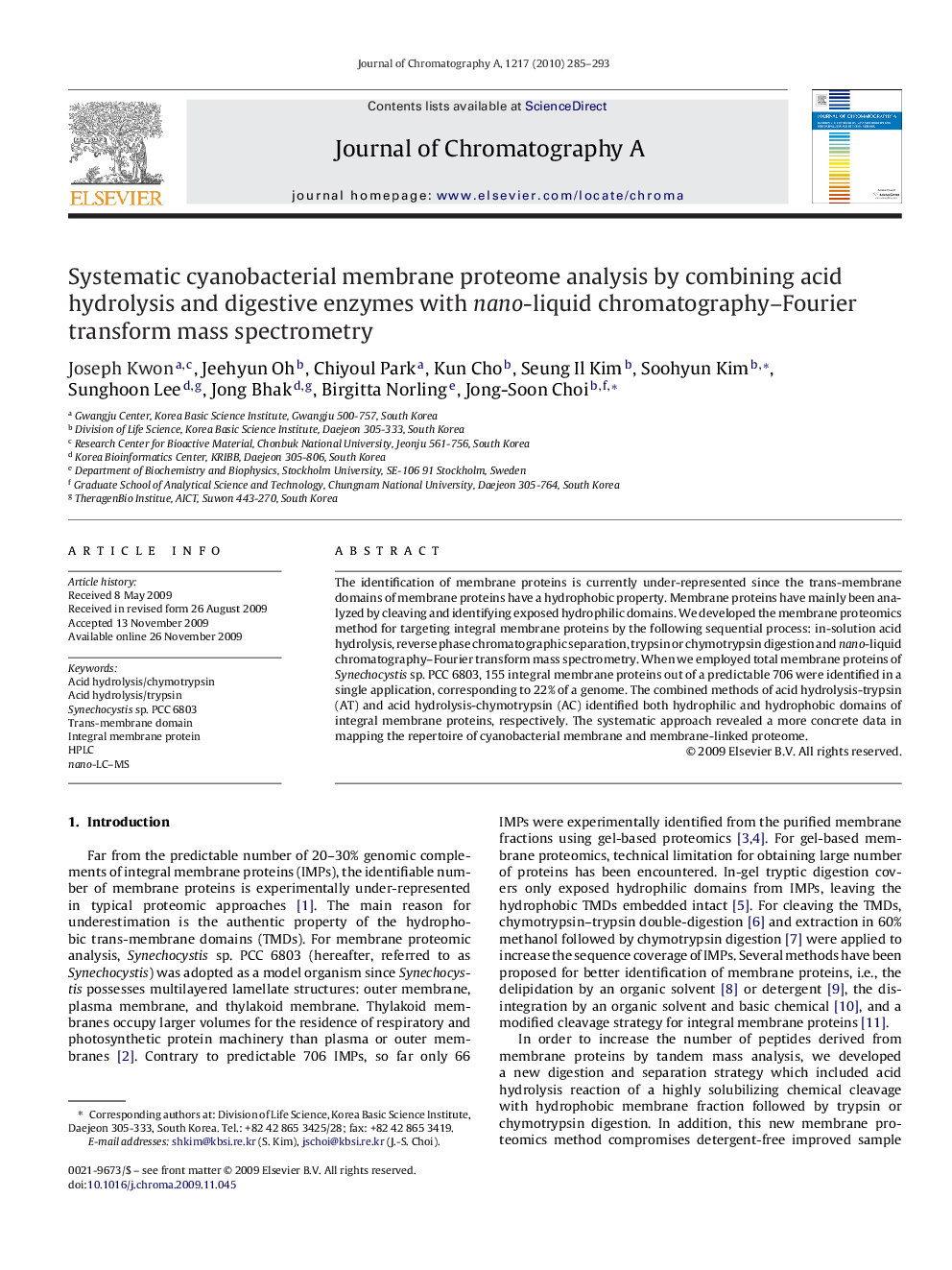 Systematic cyanobacterial membrane proteome analysis by combining acid hydrolysis and digestive enzymes with nano-liquid chromatography–Fourier transform mass spectrometry